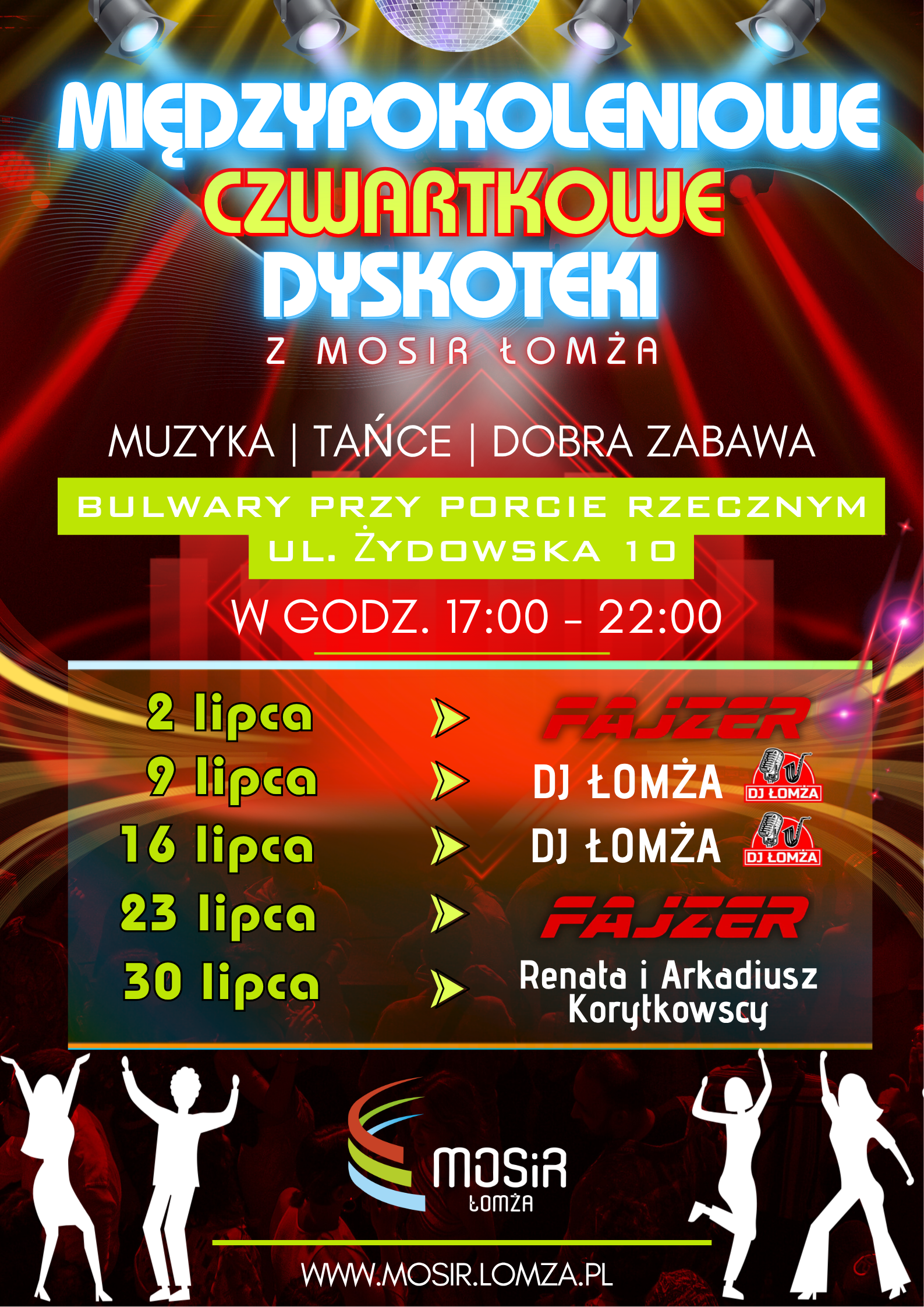 Plakat zachęcający do udziału w Międzypokoleniowych Dyskotekach, grafika tańczących ludzi, kolorofony