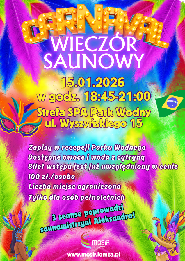 Plakat zachęcający do udziału w Wiczorze Saunowym. Grafika maski, karnawał, dwie kobiety tańczące