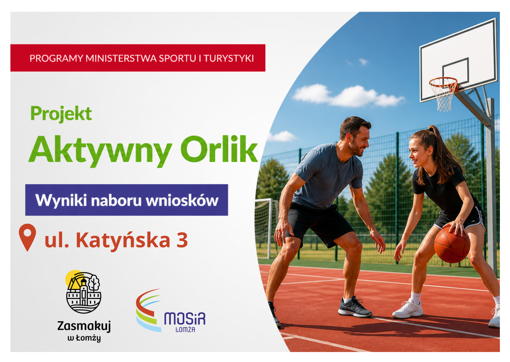 grafika mówiąca o ministerialnym projekcie Orlik, grafika mężczyzna i młoda dziewczyna grają w koszykówkę na boisku