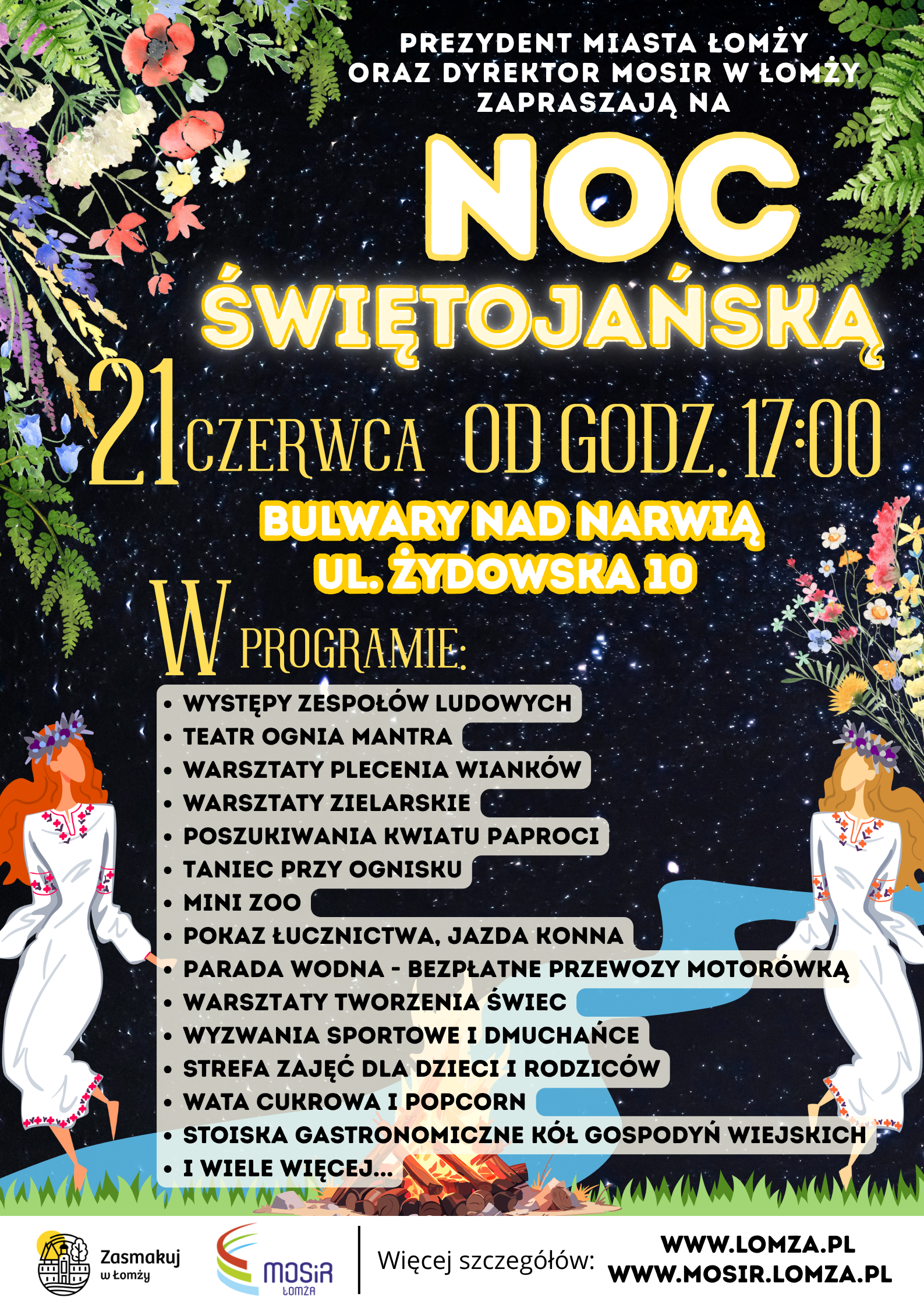 Plakat zachęcający do udziału w Nocy Świętojańskiej, grafika dwie kobiety w wianku na głowie, kwiaty, rzeka