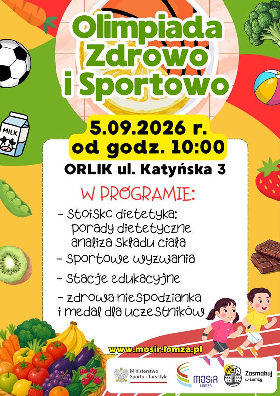 Plakat przedstawiający informację o wydarzeniu Olimpiada zdrowo i sportowo. Na plakacie są owoce i warzywa.