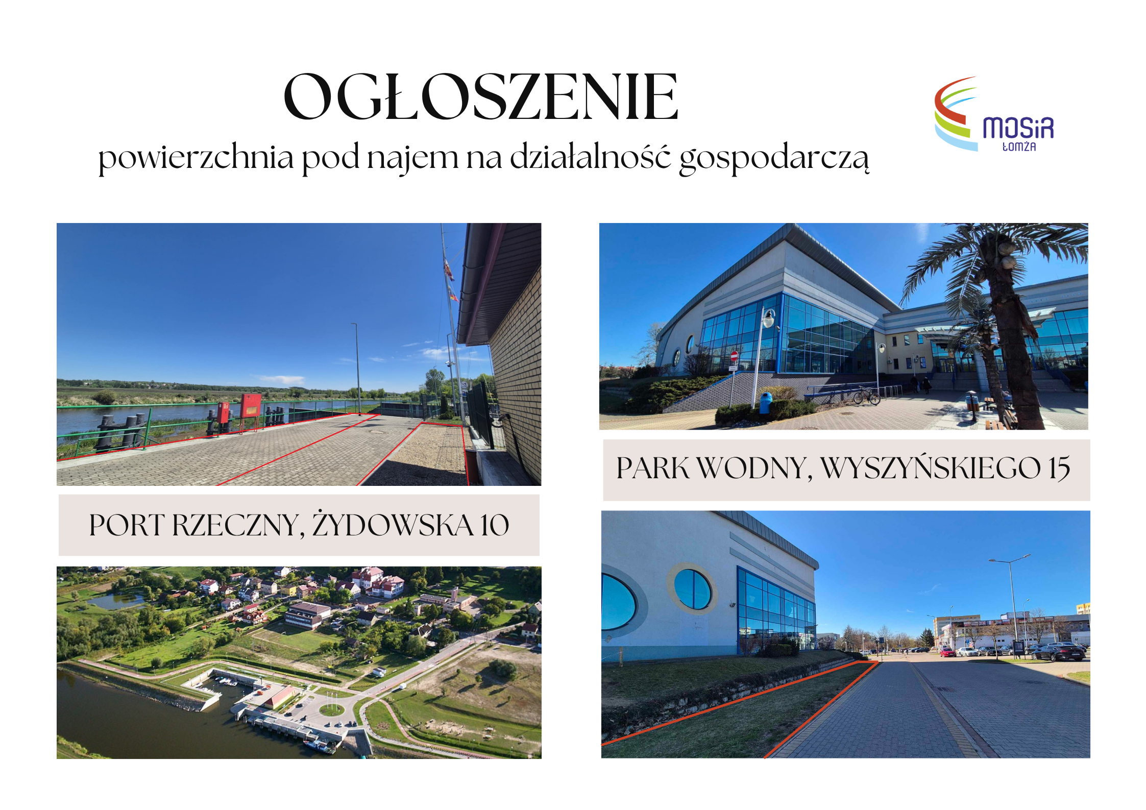 zdjęcie budynku parku wodnego i terenu portu z oznaczoną powierzchnią na wynajem