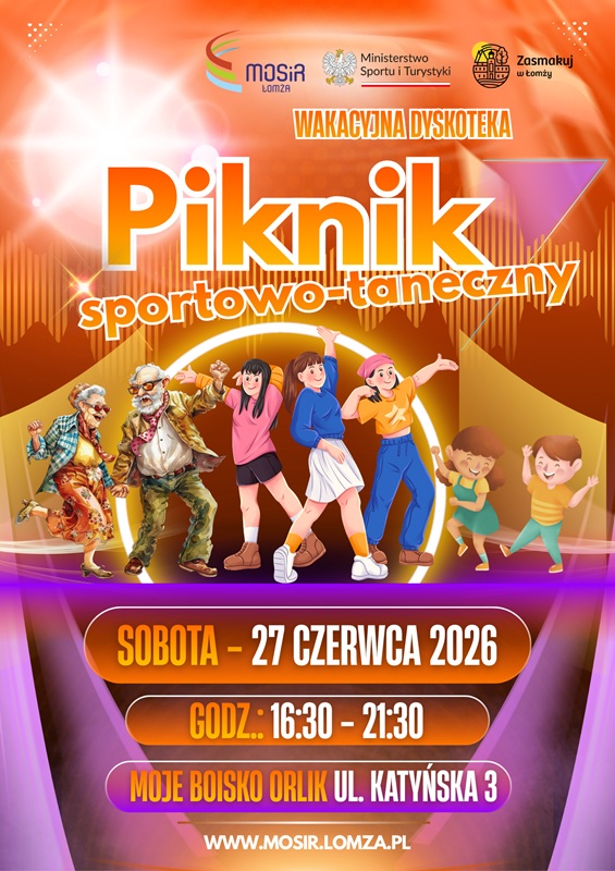 Plakat przedstwia informacje o Pikniku Taneczno-sportowym, są na nim grafiki ludzi tańczących.