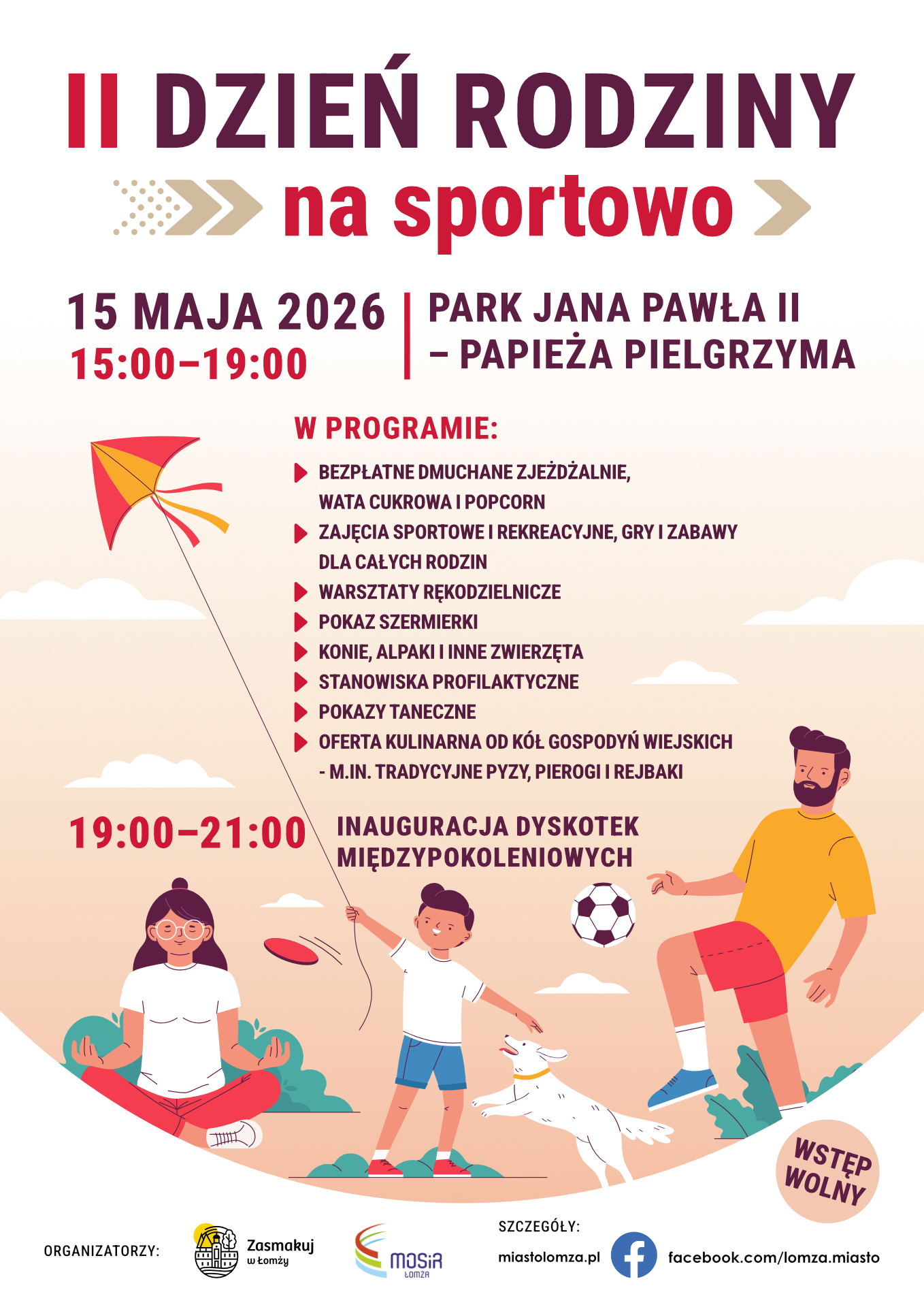 Plakat zachęcający do udziału w Dniu Rodziny na sportowo, grafika kobieta ćwicząca jogę, chłopiec z latawcem, mężczyzna grający w piłkę nożną, pies