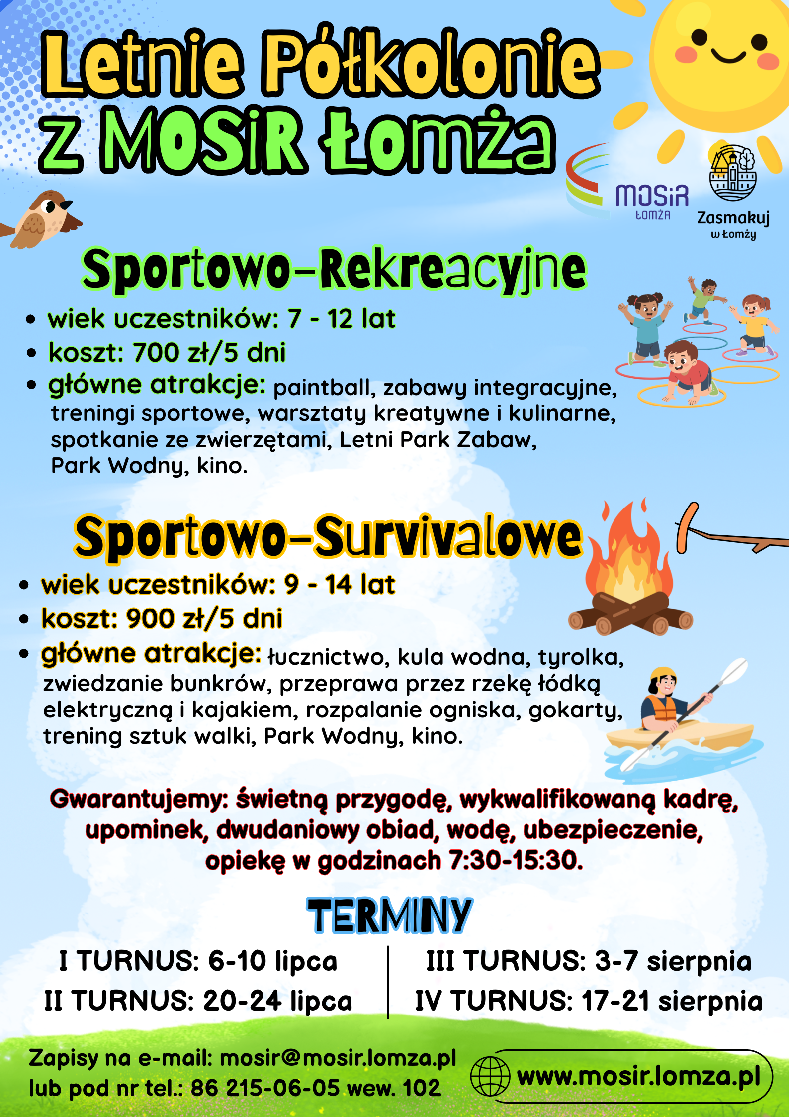 Plakat zachęcający do udziału w półkoloniach, grafika słońce, niebo, dzieci, ognisko, osoba w kajaku