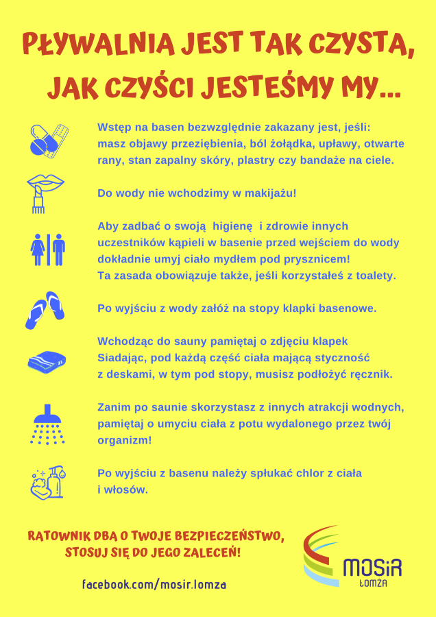 zasady higieny na pływalni, grafika prysznic, usta i szminka, tabletki, klapki, mydło, toaleta