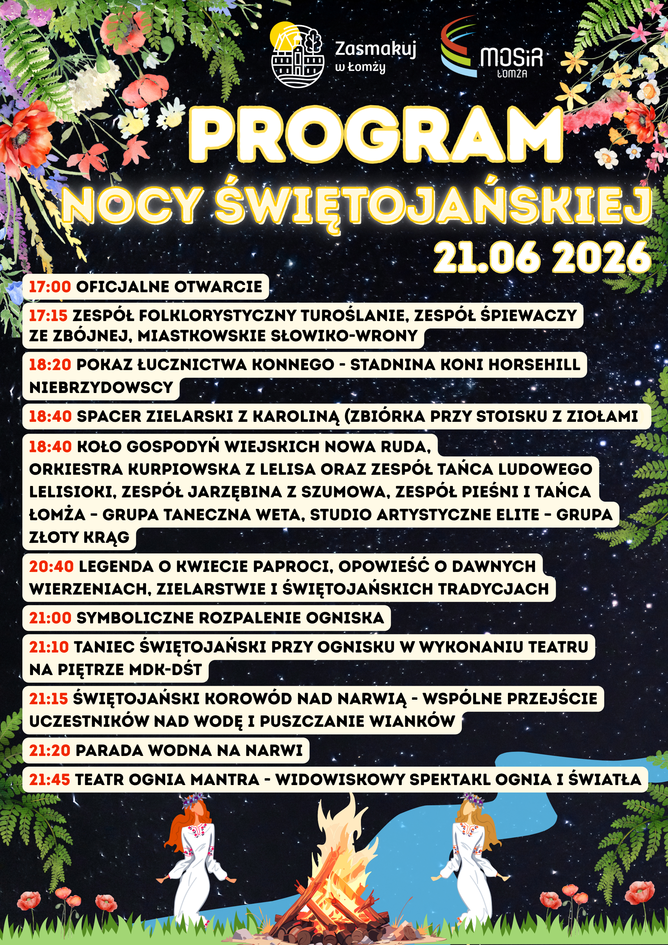 program wydarzenia, grafika rzeka, kwiaty, kobiety dwie w wiankach na głowie