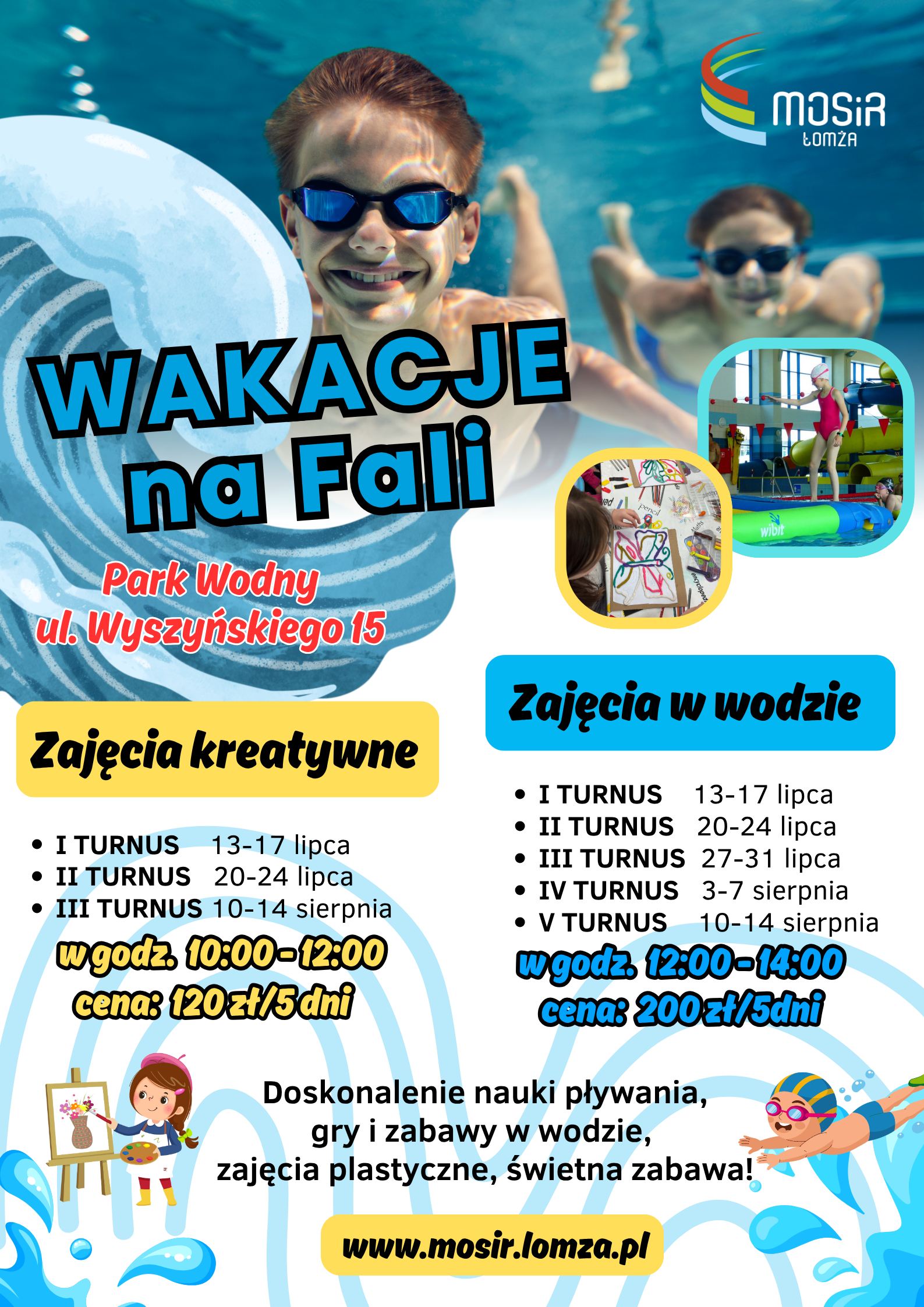 zdjęcie dzieci pływających w wodzie, plakat zachęcający do udziału w wakacjach na fali i wakacjach kreatywnych