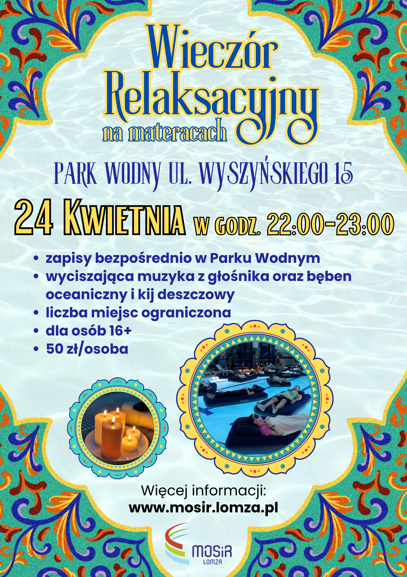 zdjęcie osób unoszących się na materacach na wodzie, zdjęcie śieczek, grafika orientalna, plakat promujący wieczór relaksacyjny w parku wodnym