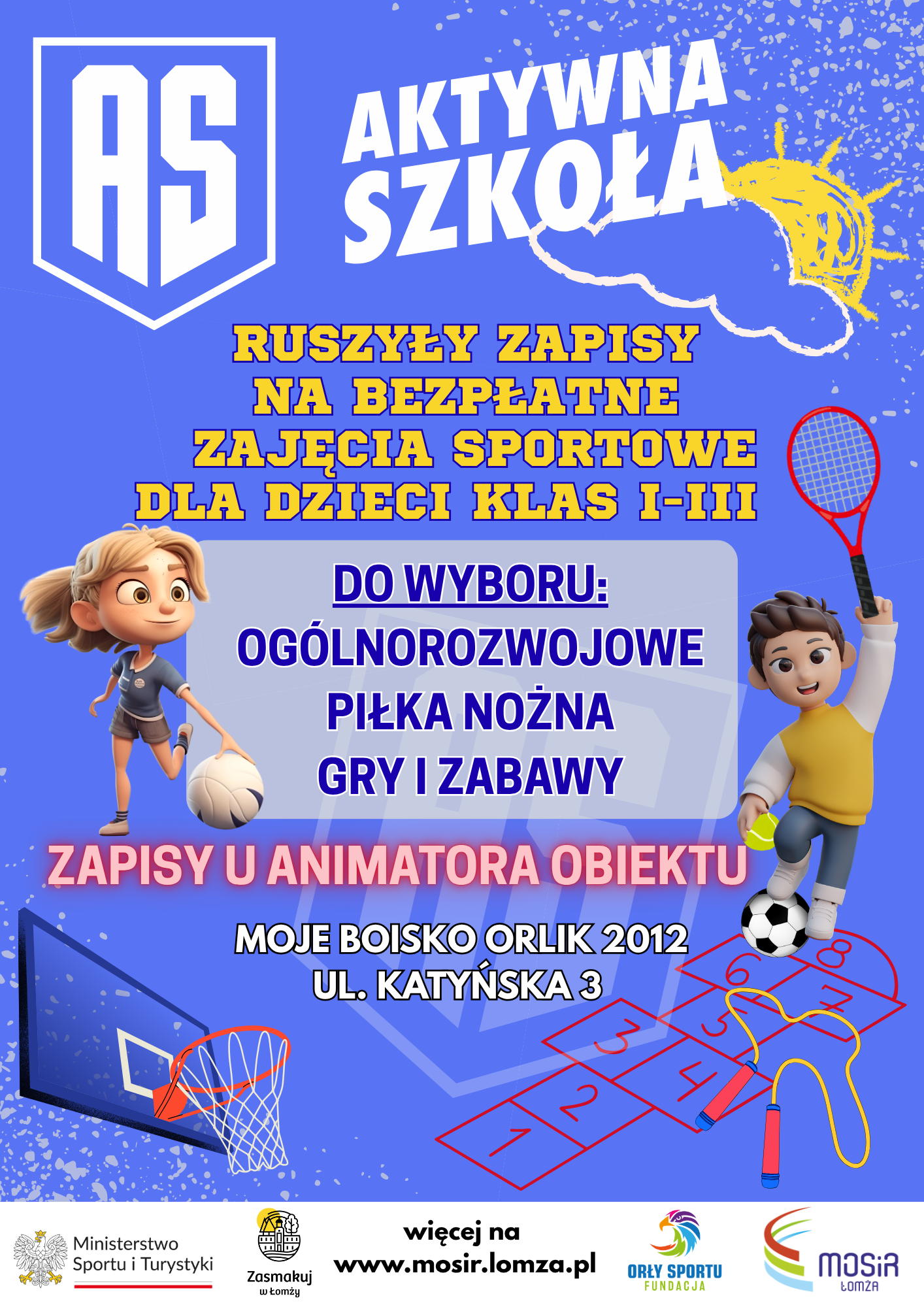 plakat promujący program Aktywna Szkoła, grafika dziewczynka z piłką i chłopiec z rakietą do tenisa, koszykówka, słońce