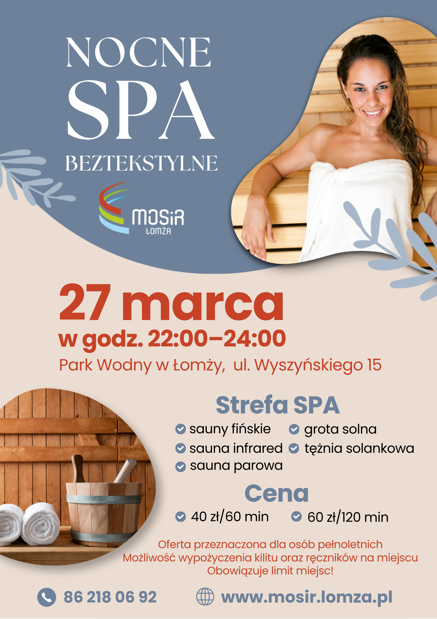 grafika przedstawiająca kobietę, sauna, plakat zachęcający do udziału w nocnym spa