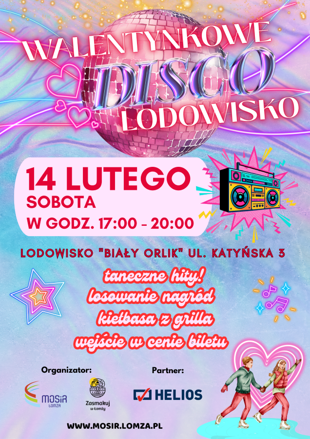 plakat zachęcający do udziału w disco lodowisko walentynkowym, grafika serca, kula dyskotekowa, radio, nutki, para tańcząca na łyżwach