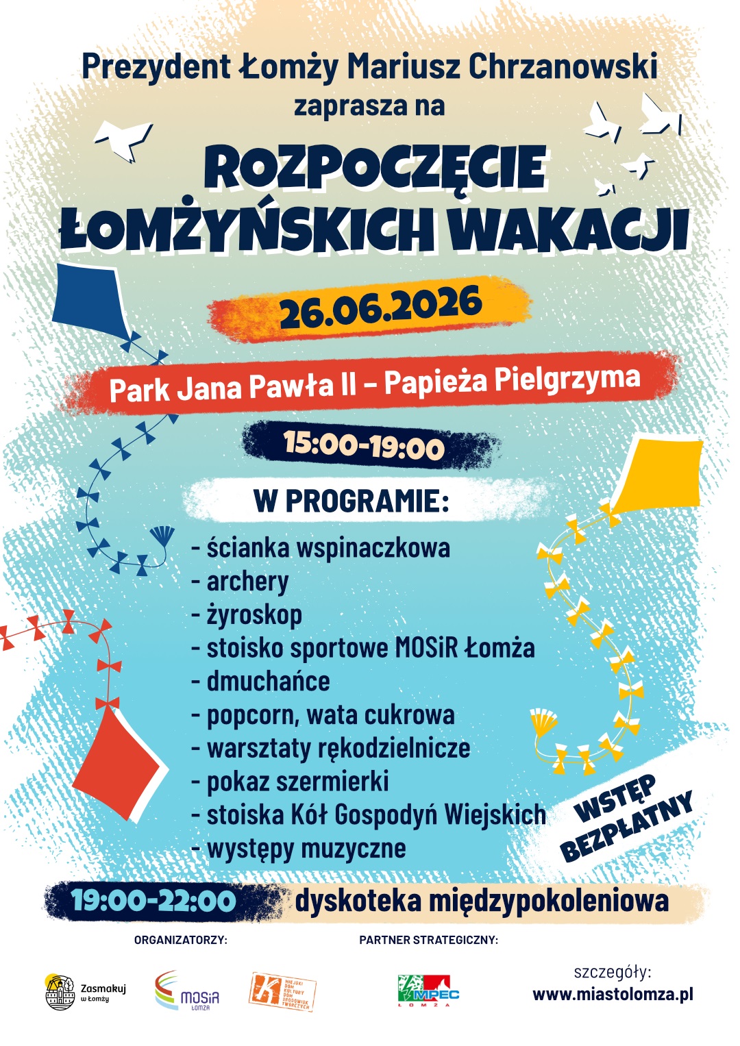 plakat zachęcający do udziału w wydarzeniu rozpoczęcie łomżyńskich wakacji, grafika latawce